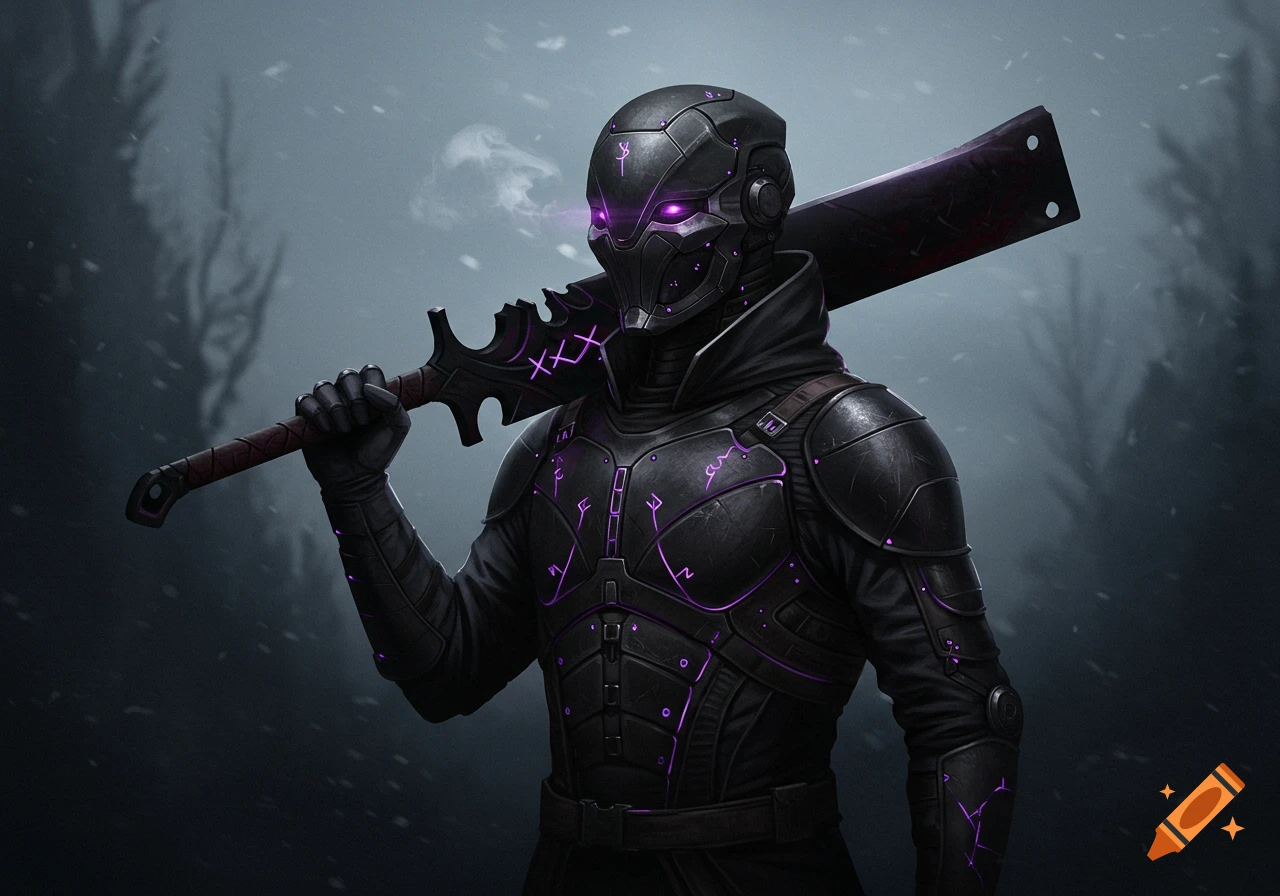 A dark sci-fi warrior in black armor with glowing purple runes holds a large sword over their shoulder in a snowy landscape. Digital art.