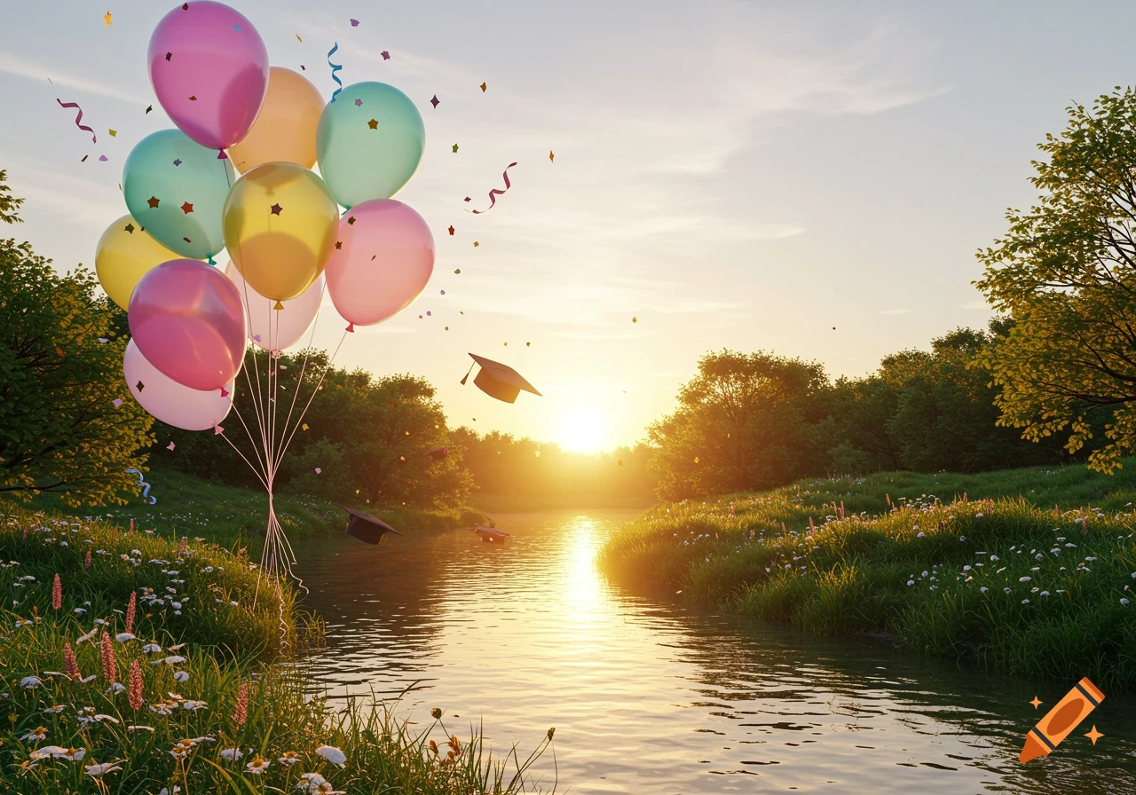 A vibrant sunset over a river with colorful balloons, graduation caps, and confetti, surrounded by green banks and wildflowers.