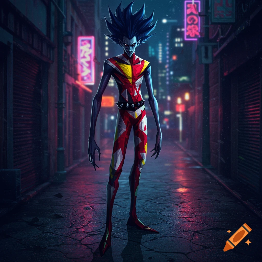 A tall, lanky, stylized character with spiky dark blue hair and a sinister grin stands in a dark urban alley with neon signs.