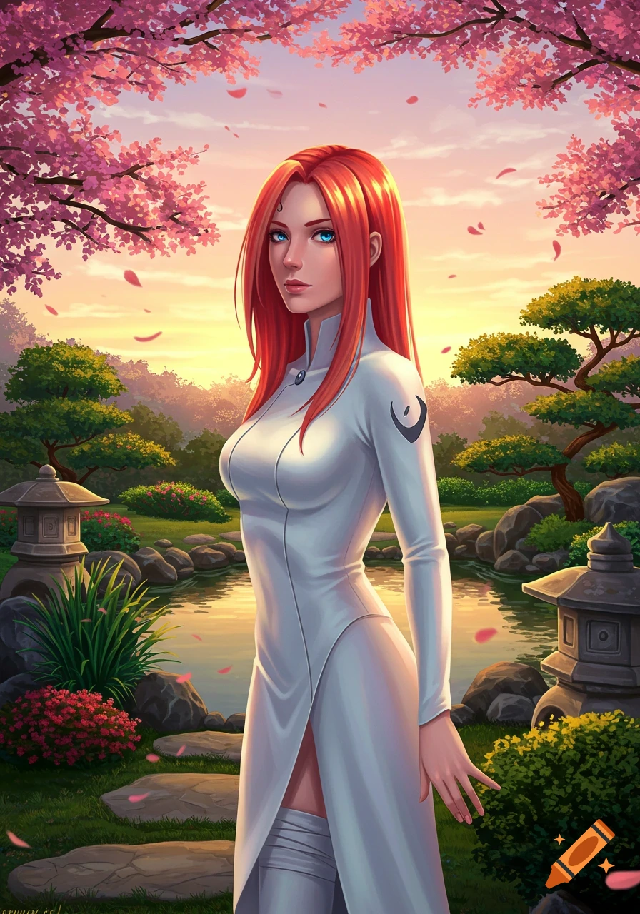 Anime-style woman with long red hair in a white dress standing in a Japanese garden with cherry blossoms.