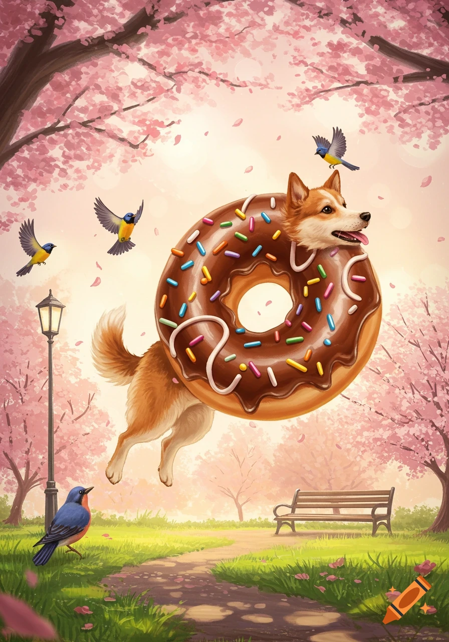 A whimsical illustration of a brown and white dog flying through a cherry blossom park, integrated into a giant chocolate donut with sprinkles.
