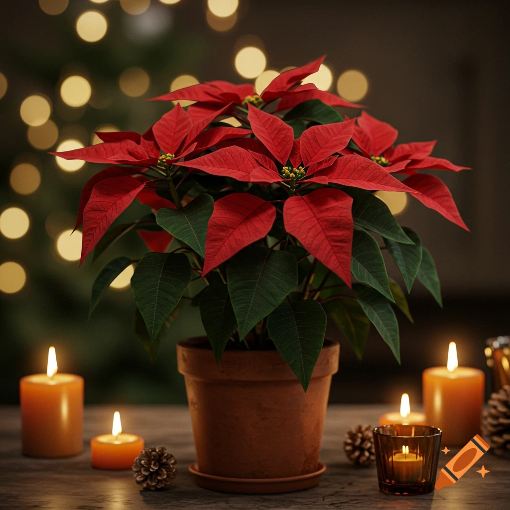 Photorealistic image of a vibrant red poinsettia plant in a terracotta pot on a table with lit candles and pinecones.