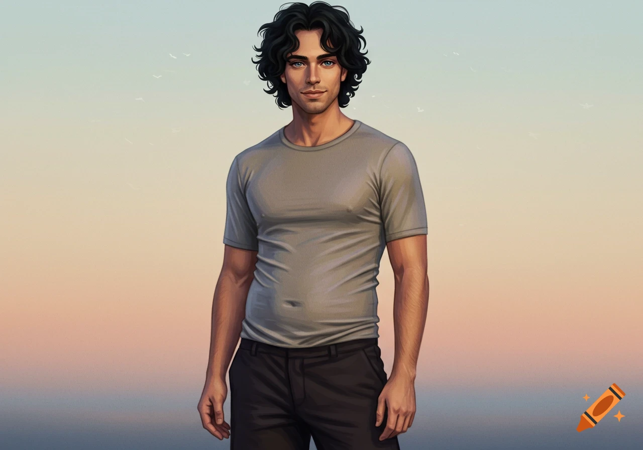 Illustrative portrait of a man with dark wavy hair and blue eyes, wearing a gray t-shirt and dark pants, standing against a gradient sky.