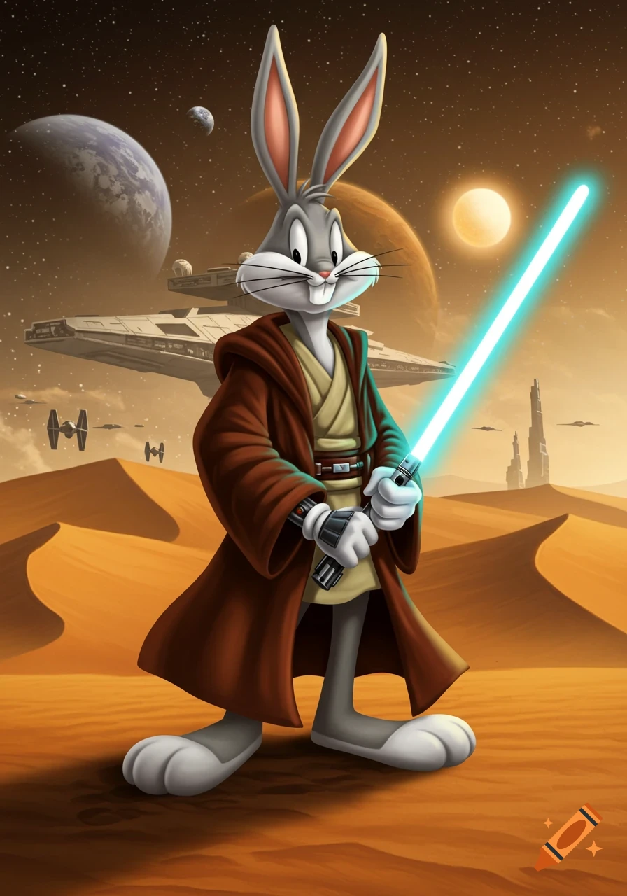 Bugs Bunny as a Jedi knight, holding a blue lightsaber, stands on a desert planet with spaceships in the sky. Cartoon style.