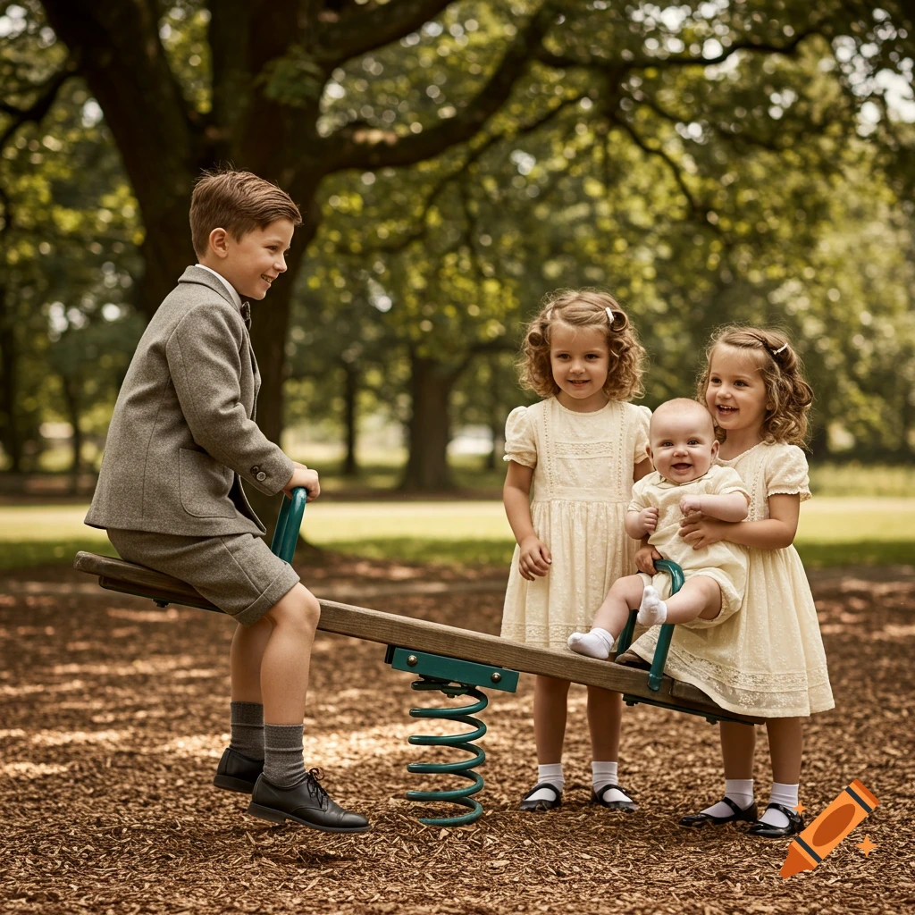 A young boy in a vintage suit on a seesaw, with two girls and a baby boy standing nearby in a park.
