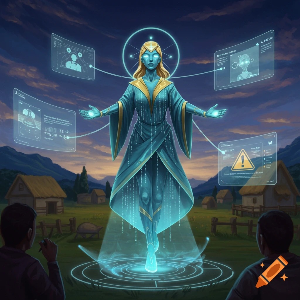 A glowing futuristic female figure in a blue robe hovers over a circular platform in a rural village, surrounded by floating holographic screens displaying data to two observers.