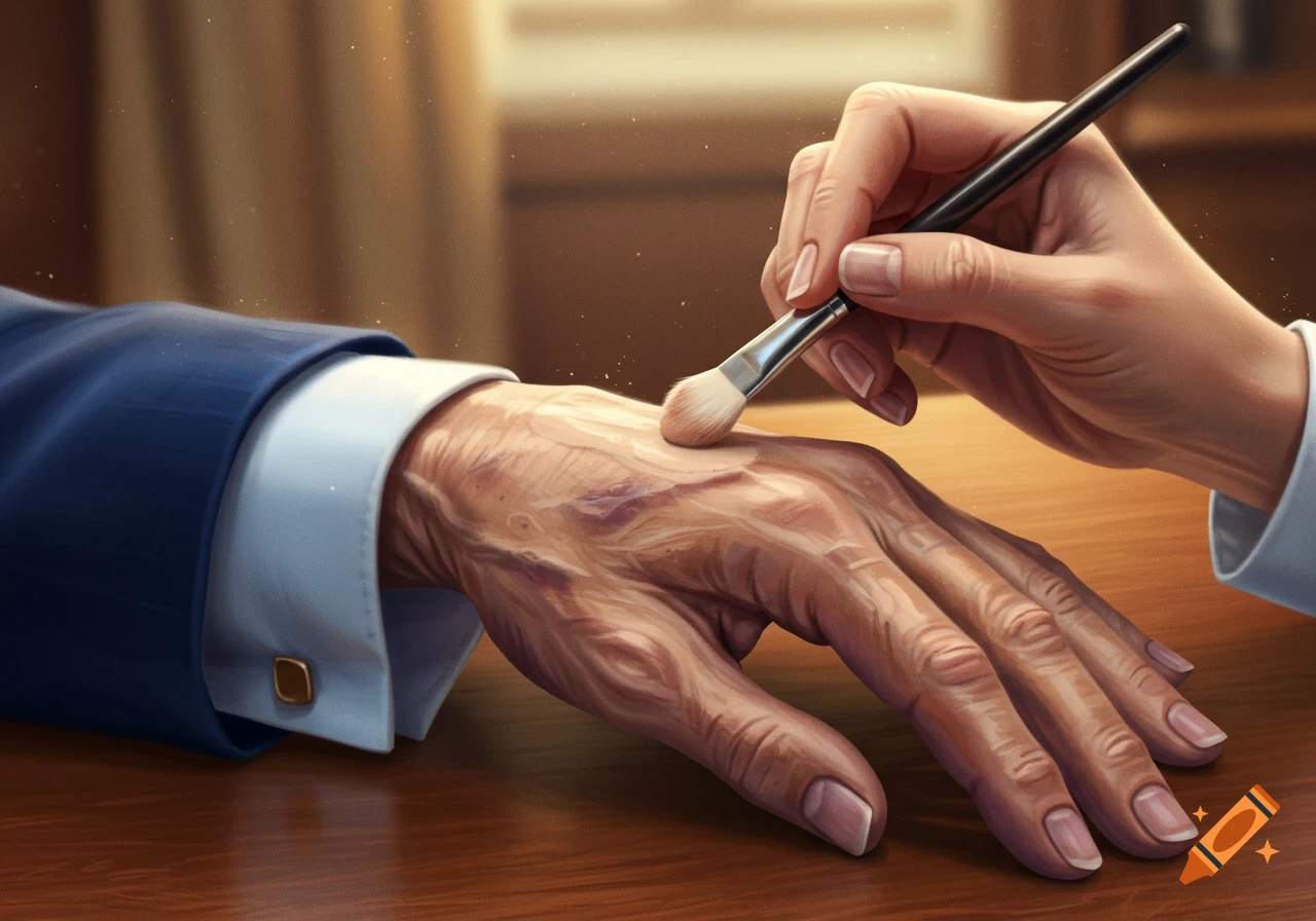 Close-up in fantasy art style of a hand applying makeup with a brush to an elderly, bruised hand in a suit sleeve.
