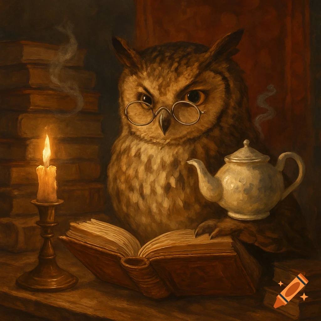 A wise brown owl wearing spectacles reads an open book by candlelight, with a white teapot beside it.