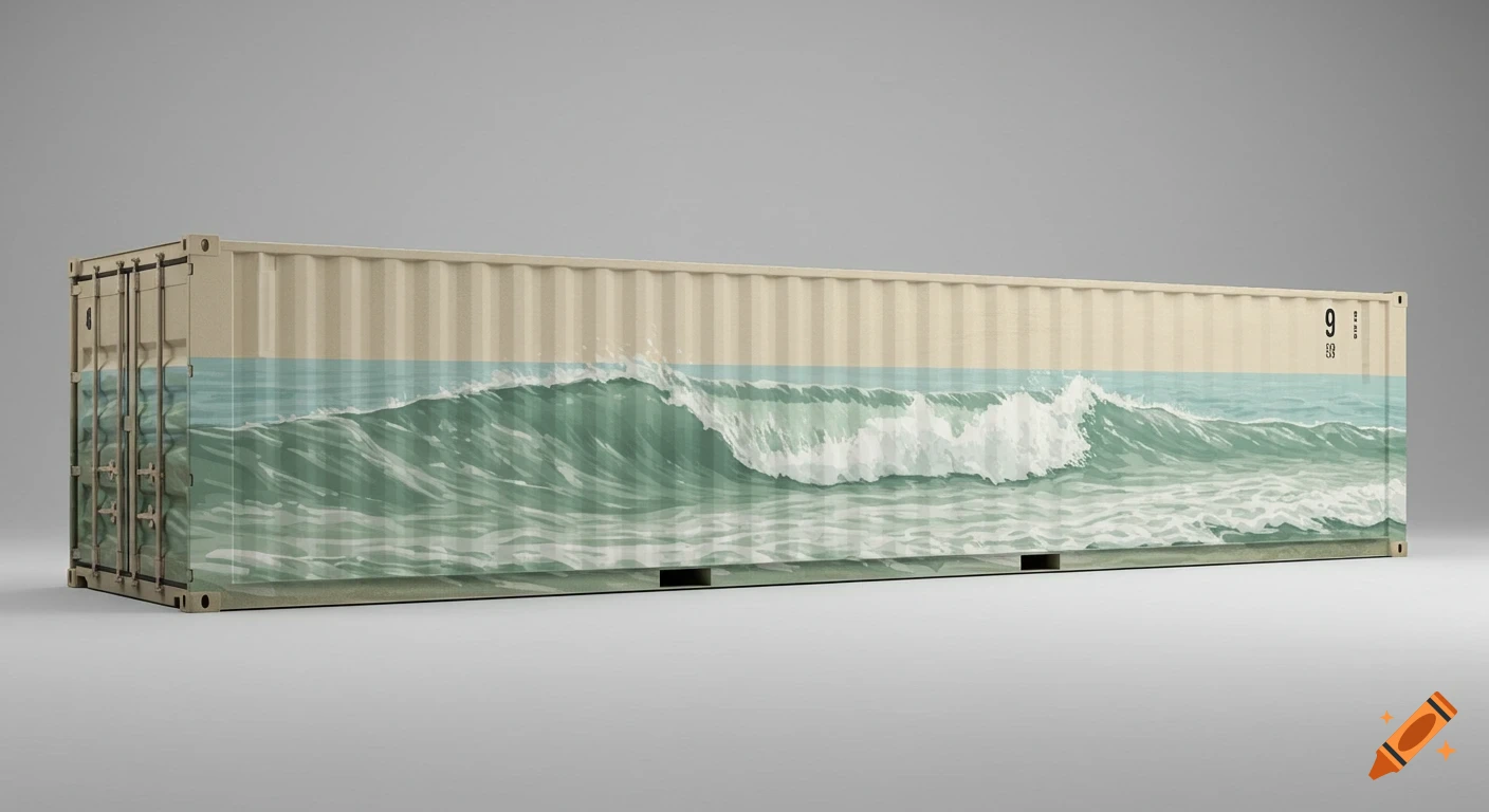 A long beige shipping container with a mural of green and white ocean waves on its side, set against a plain gray background.