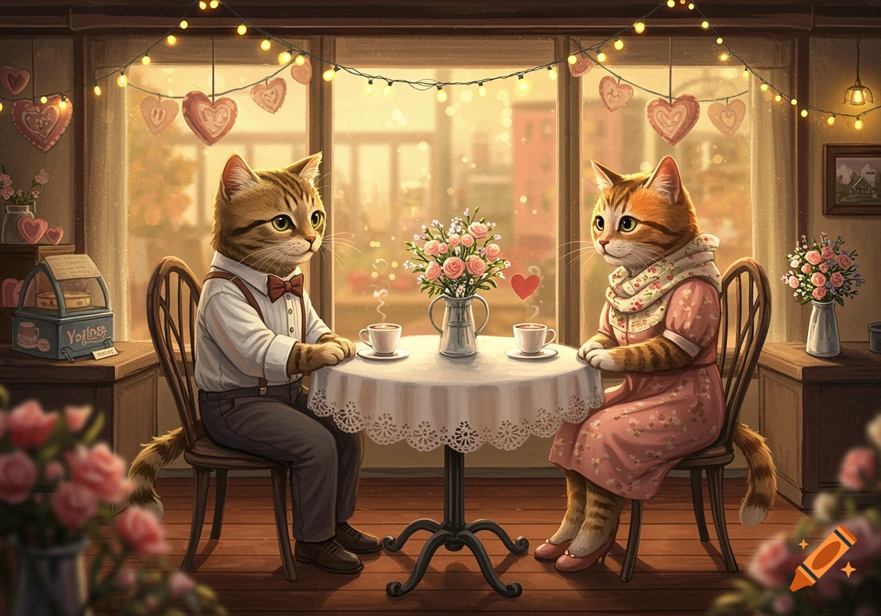 Two anthropomorphic cats, dressed in human-like clothes, on a romantic date at a cafe decorated with string lights and heart decorations. A bouquet of flowers sits on their table.