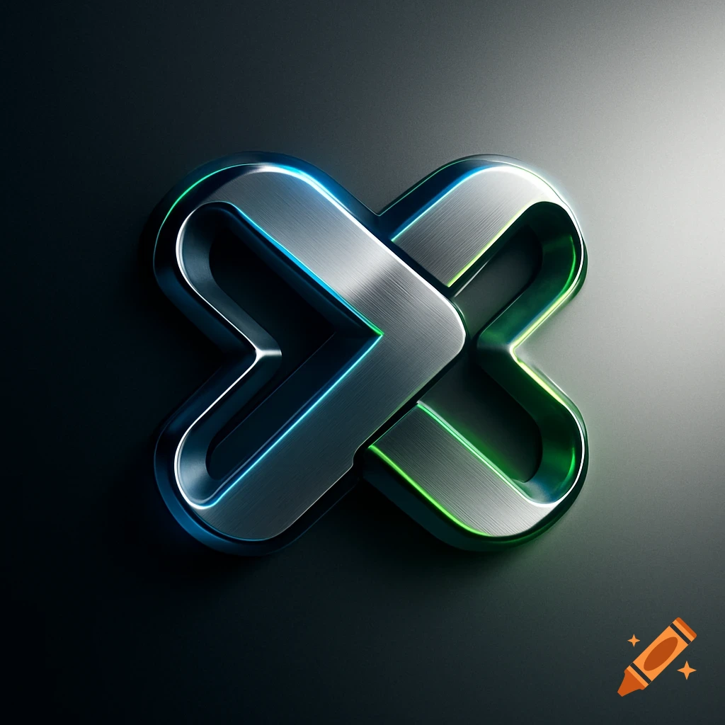 A futuristic metallic logo with interwoven shapes and blue and green neon lighting on a dark background.