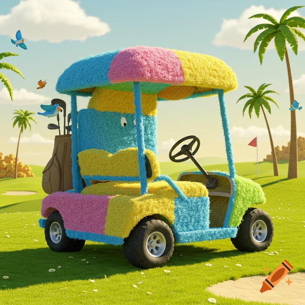 A cartoon golf cart covered in colorful loofah sponges on a sunny golf course with palm trees.