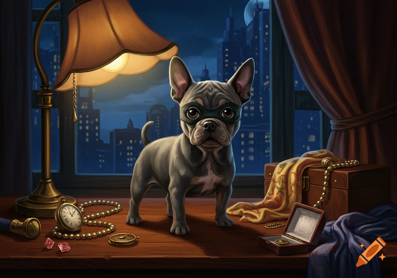 An illustrated grey bulldog puppy wearing a black mask stands on a table with a lamp and jewelry, overlooking a night city.