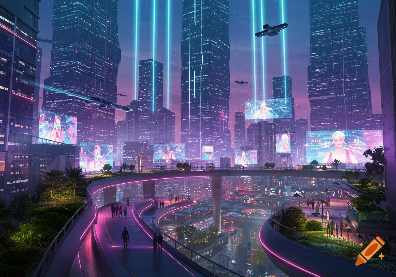 A vibrant, neon-lit futuristic city with towering skyscrapers, flying vehicles, and elevated walkways filled with people.