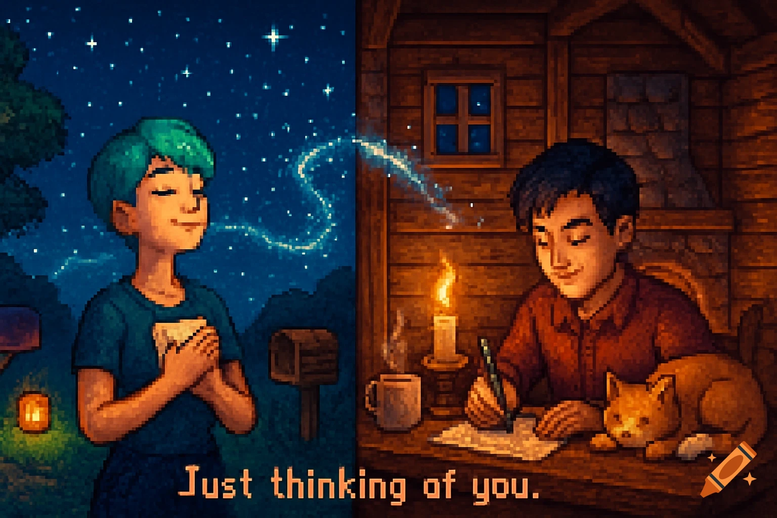 Pixel art of two friends connected by light: one under stars with a letter, one writing in a cabin with a cat. Text: 'Just thinking of you.'