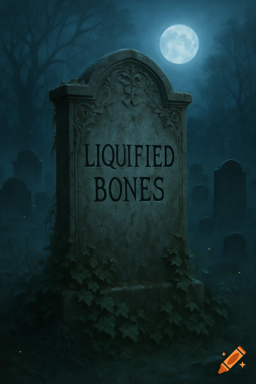 A spooky full moon shines over a graveyard with a prominent tombstone inscribed 'LIQUIFIED BONES', covered in ivy.