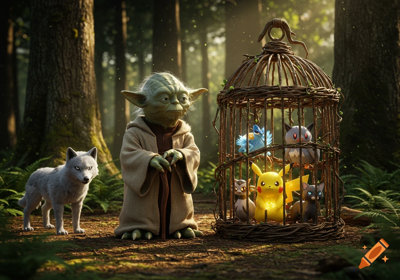 Yoda stands beside a cage containing several Pokemon, while a wolf stands nearby in a sunlit forest.