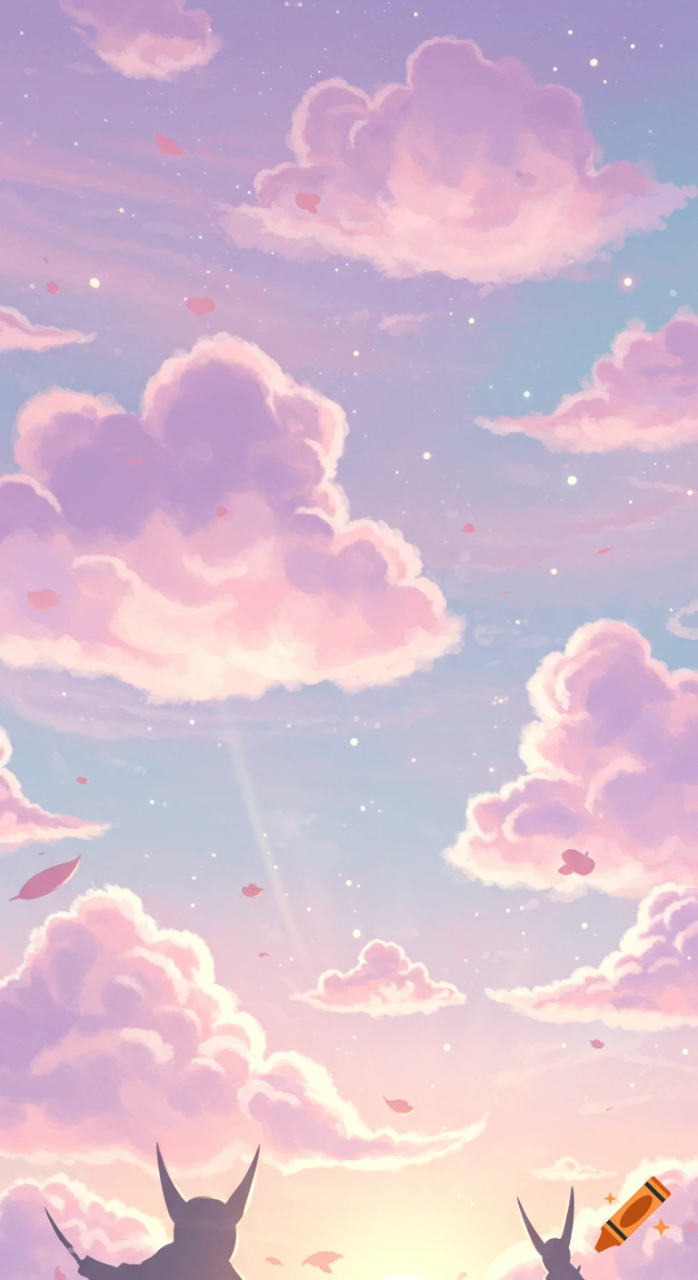 Pastel anime style sky with fluffy pink and purple clouds, falling leaves, and dark silhouettes.