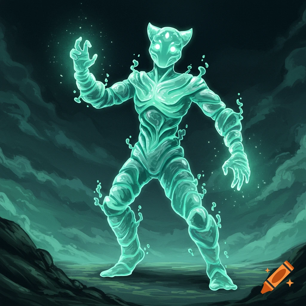 A glowing, translucent humanoid figure made of turquoise and emerald energy with feline-like ears and glowing eyes, standing in a dark, cloudy landscape.