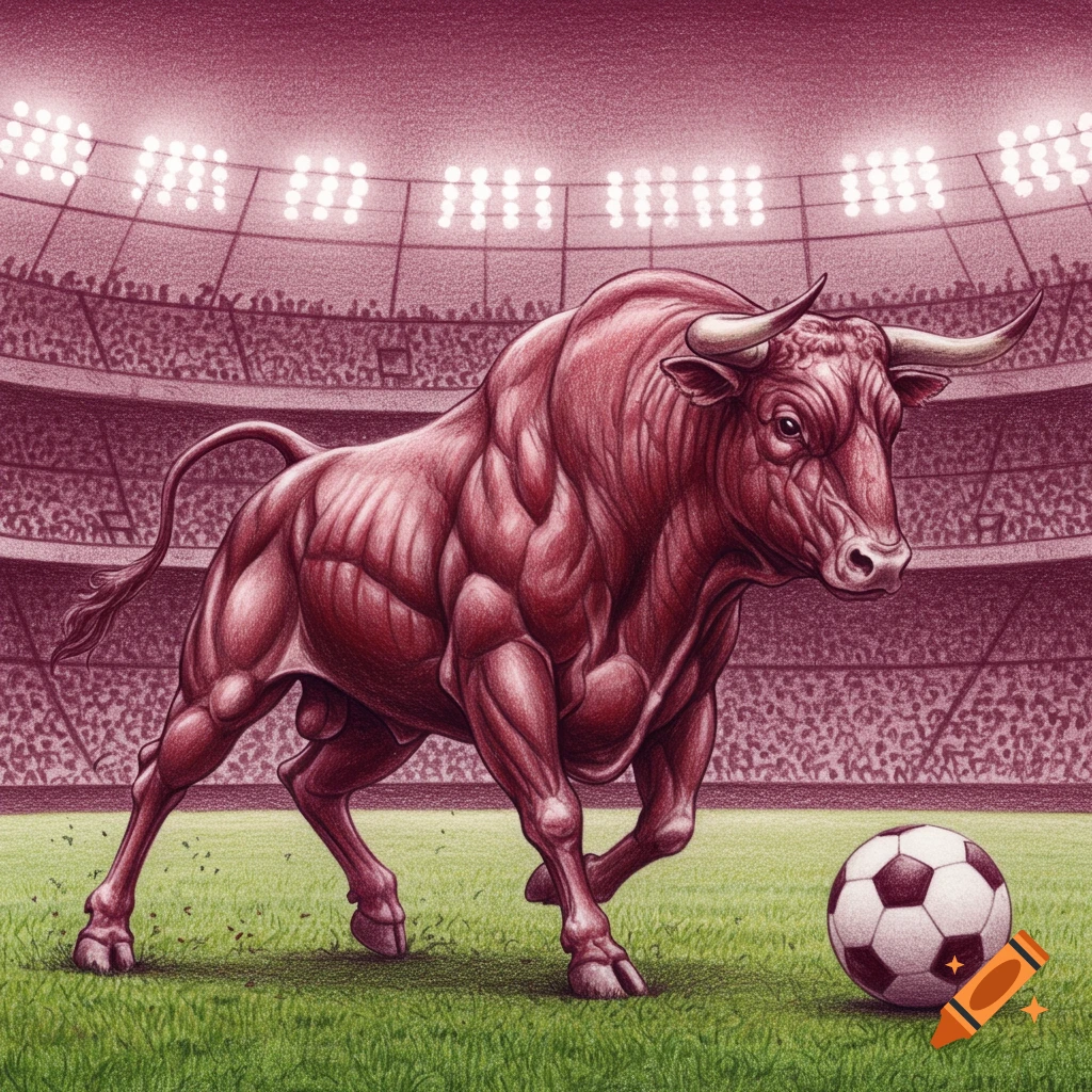 A maroon pencil drawing of a muscular bull on a soccer field in a stadium, next to a soccer ball.