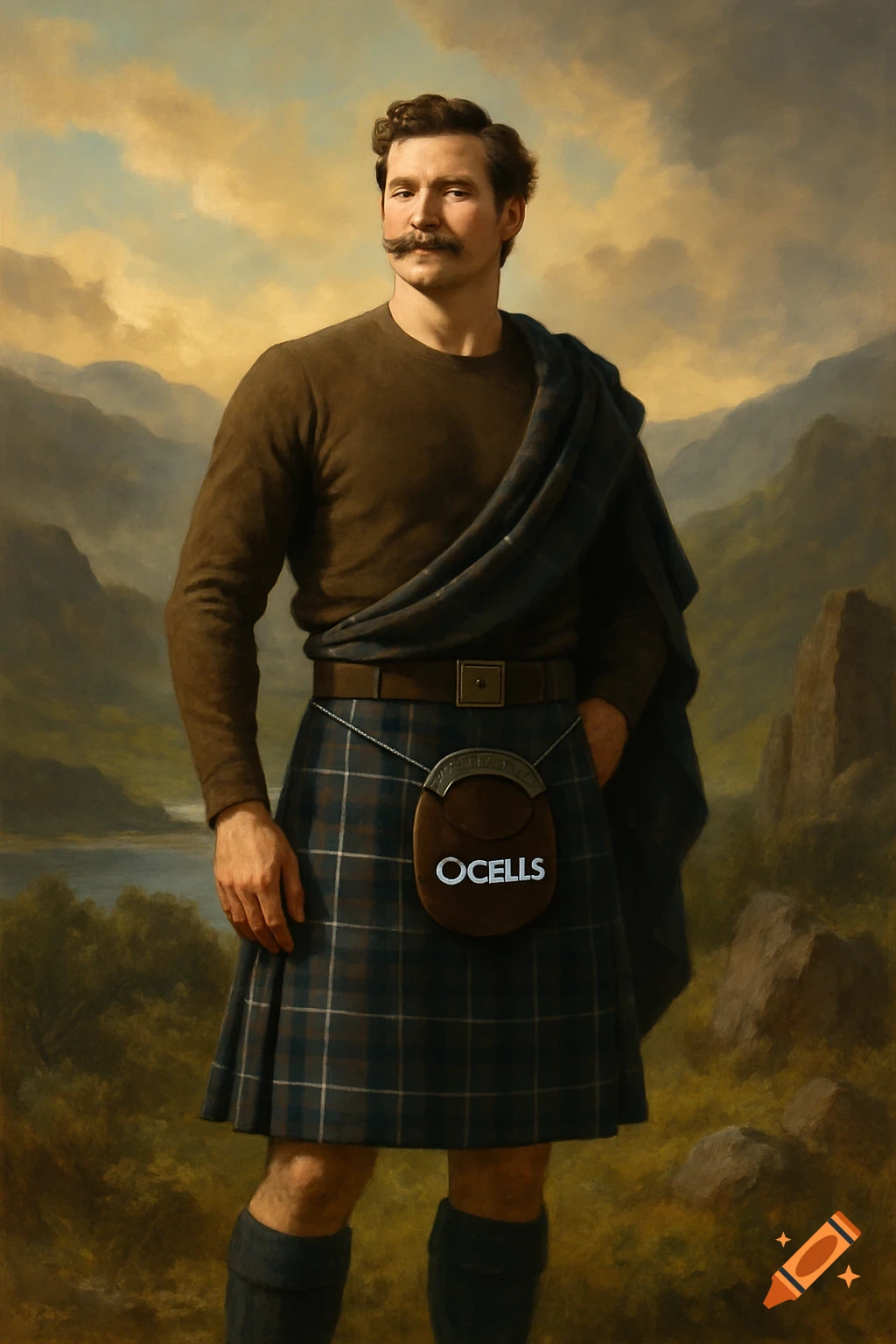 A portrait of a man with a mustache in a brown shirt and plaid kilt, with a sporran displaying 'OCELLS', standing in a painted Scottish landscape.