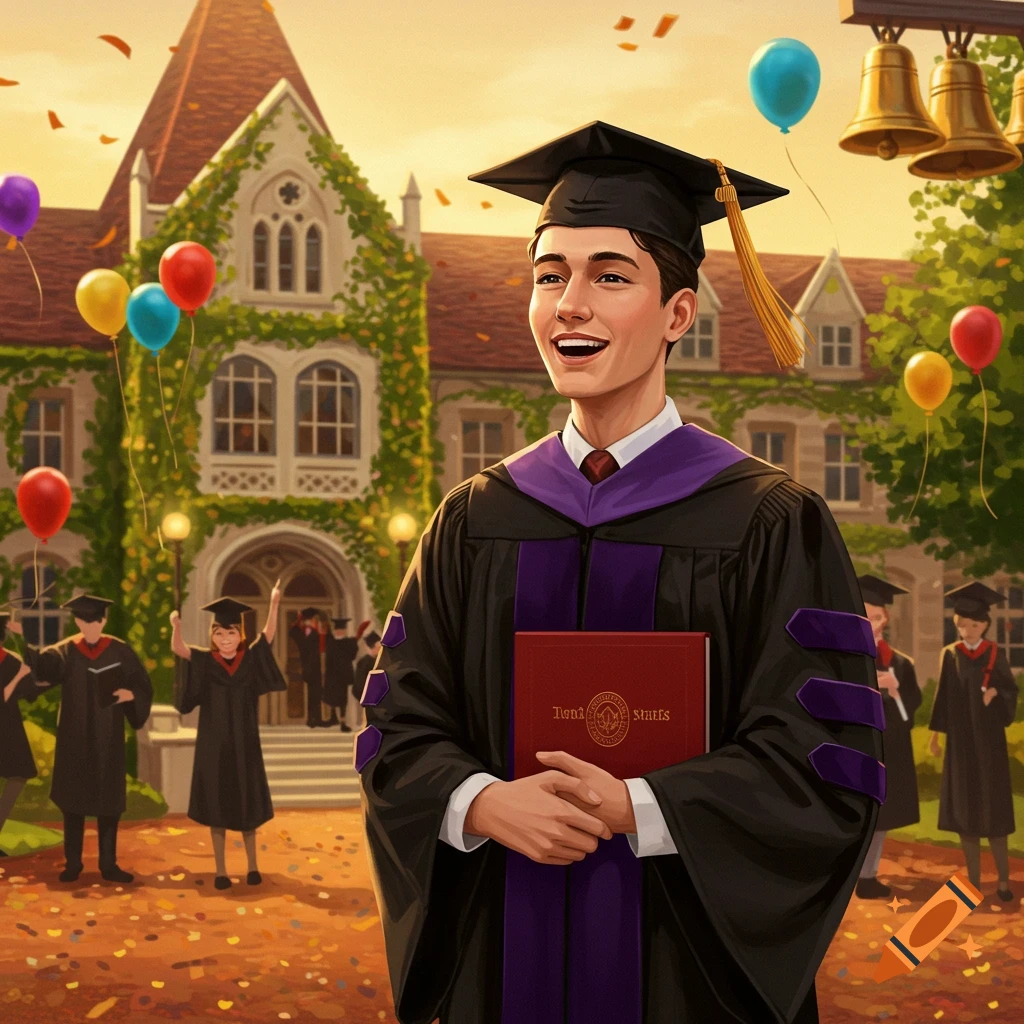 A smiling young man in a graduation cap and gown holds a book in front of a university building, with other graduates and balloons in the background.