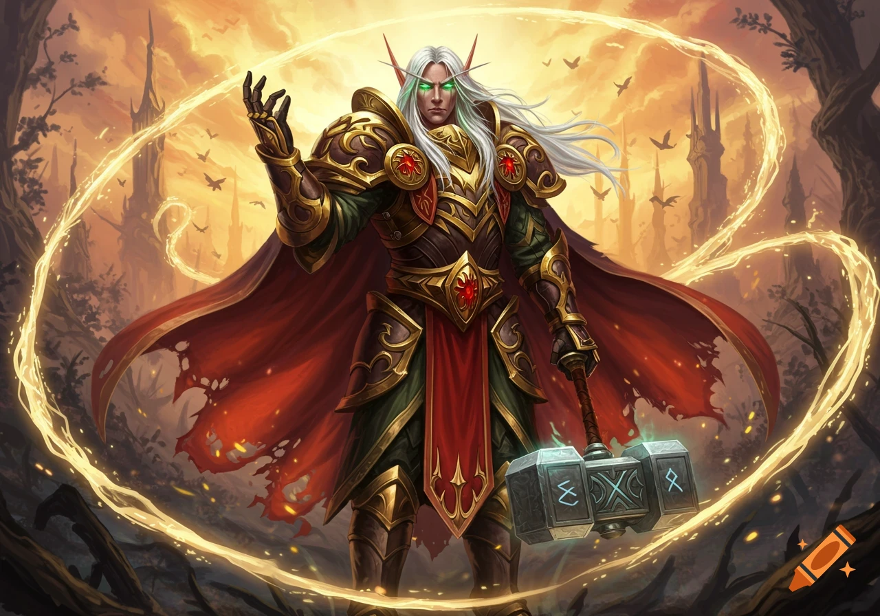 A powerful male blood elf paladin in ornate golden and red armor, with long white hair and glowing green eyes, holds a magical hammer amidst a mystical forest landscape at sunset.