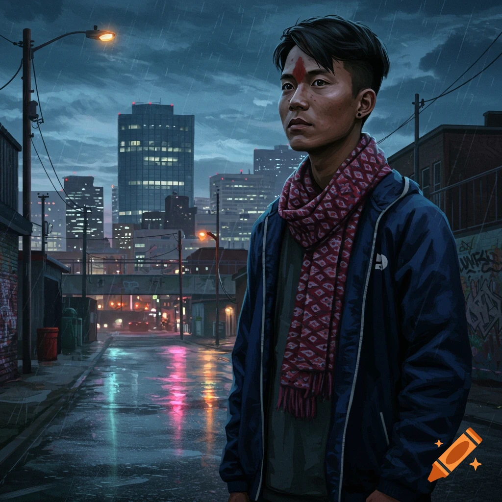 A young man with a red mark on his forehead and a patterned scarf stands on a wet city street at night in the rain.