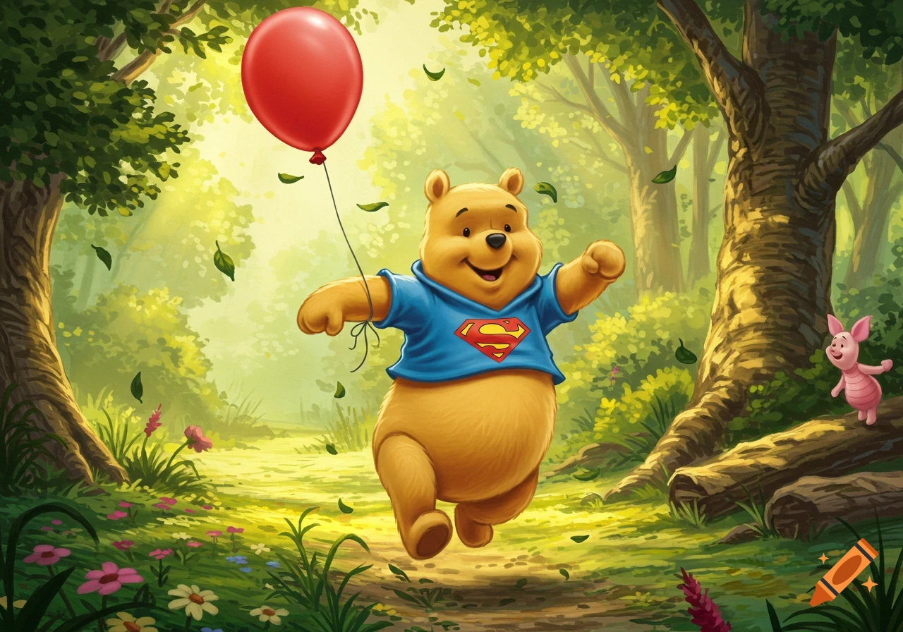 Winnie the Pooh wearing a blue Superman shirt, happily running through a sunny forest with Piglet in the background.
