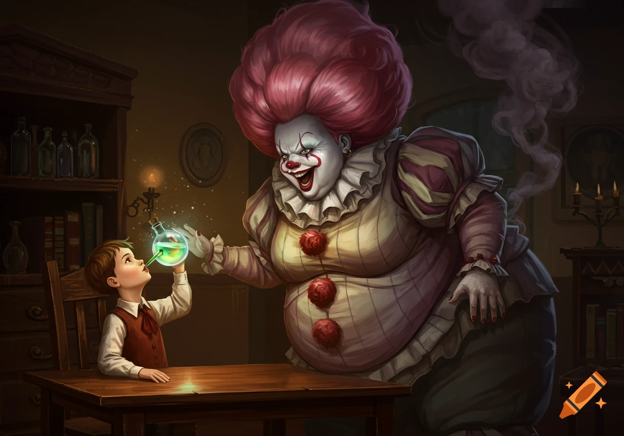 A smiling, overweight clown with pink hair gives a glowing green potion to a young boy in a dimly lit room, fantasy art.
