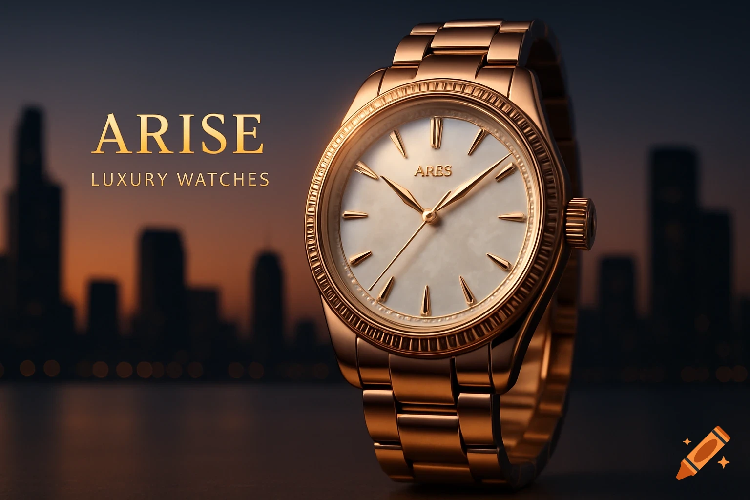 A close-up of a golden luxury watch with a white face and gold hands against a blurred city skyline at sunset.