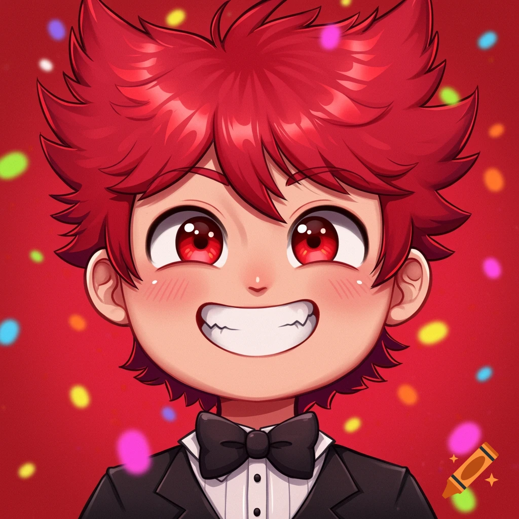 A smiling anime character with spiky red hair, red eyes, and a black bow tie, on a red background with colorful bokeh.