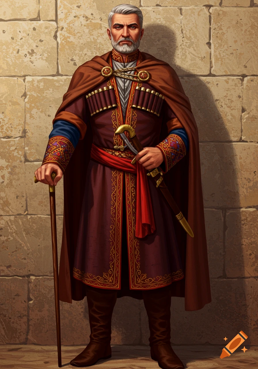 A proud Armenian man in traditional clothing, holding a cane and dagger, stands against a stone wall.