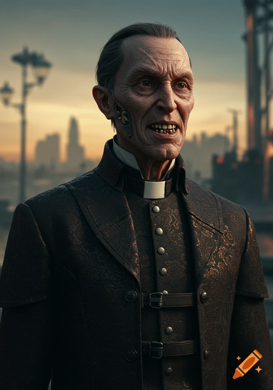 Close-up photorealistic portrait of an old, gaunt, stern-faced man with prominent teeth, wearing a dark, ornate preacher's coat with a white collar, and subtle mechanical implants on his cheek. The background features a blurred cityscape at dusk.