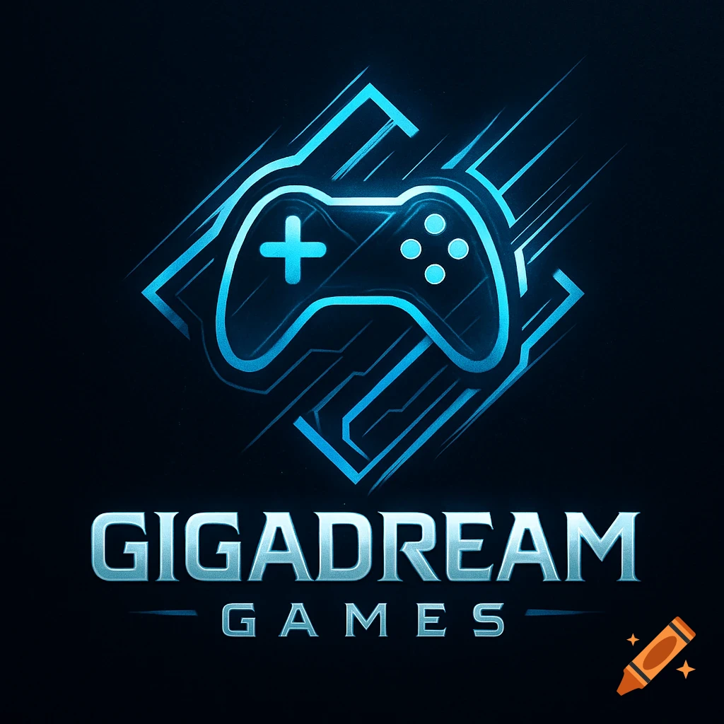 A blue neon-style logo for Gigadream Games, featuring a stylized game controller within a square design.
