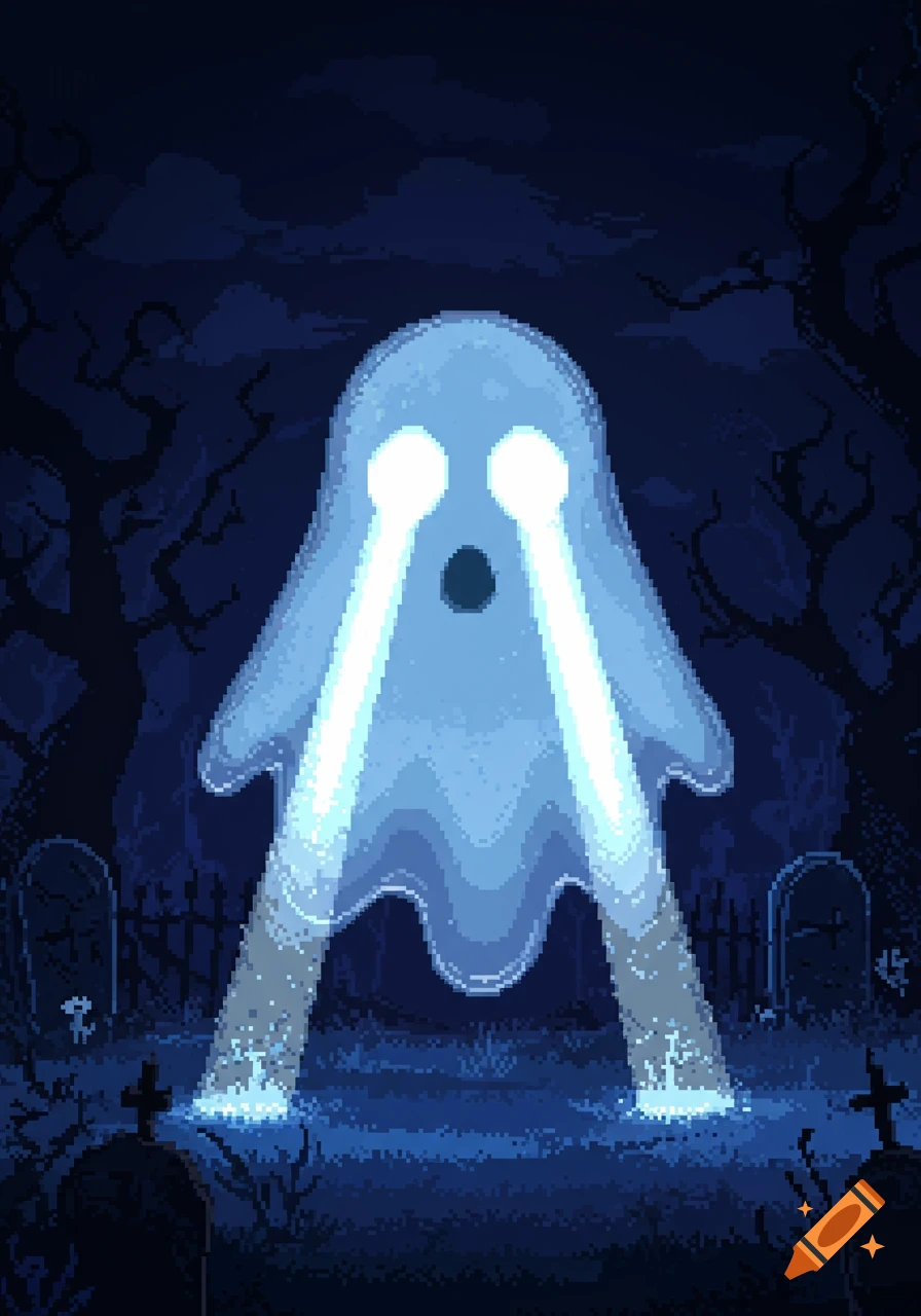 A glowing pixel art ghost with bright light beams shooting from its eyes stands in a dark, pixelated graveyard with trees and tombstones.