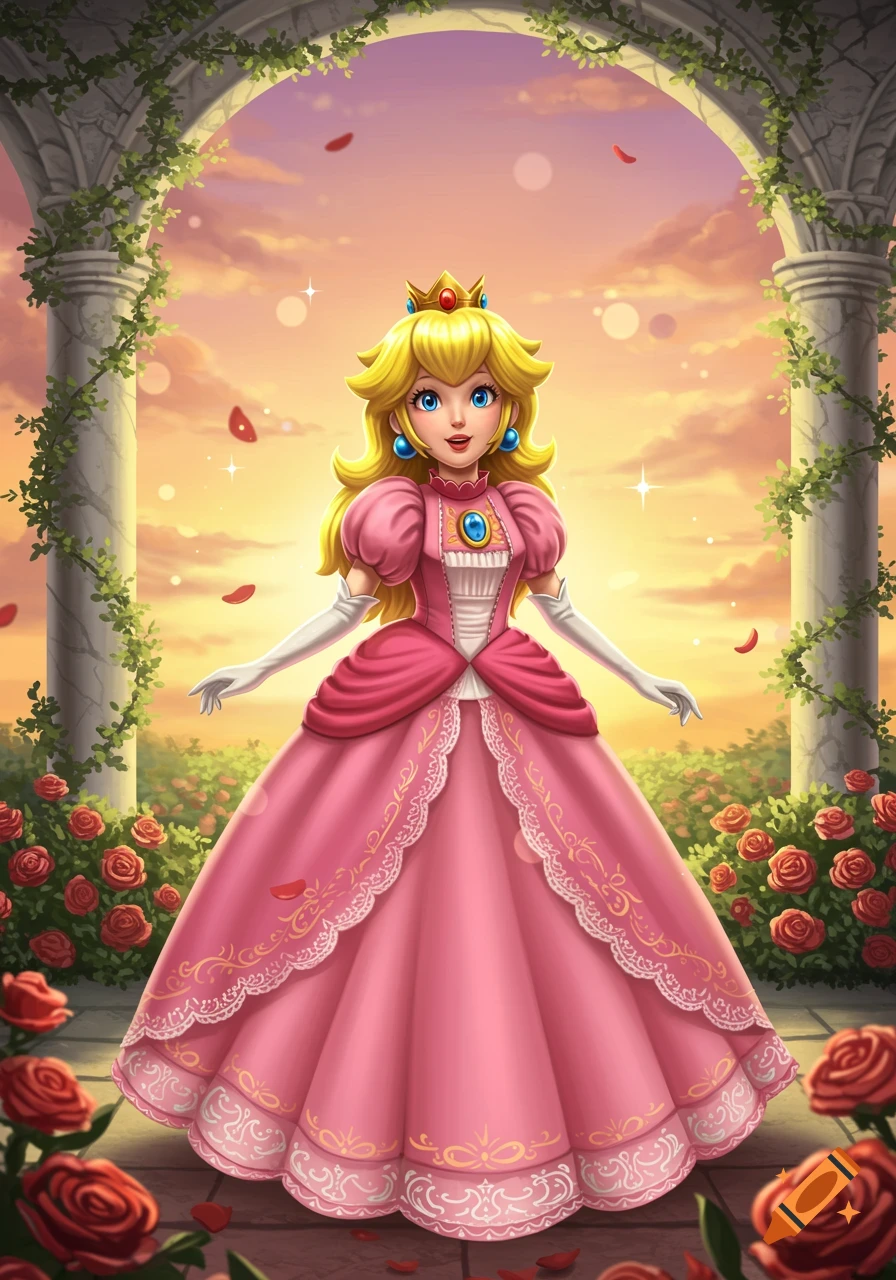 An illustrated image of Princess Peach standing under a vine-covered stone archway in a rose garden at sunset.