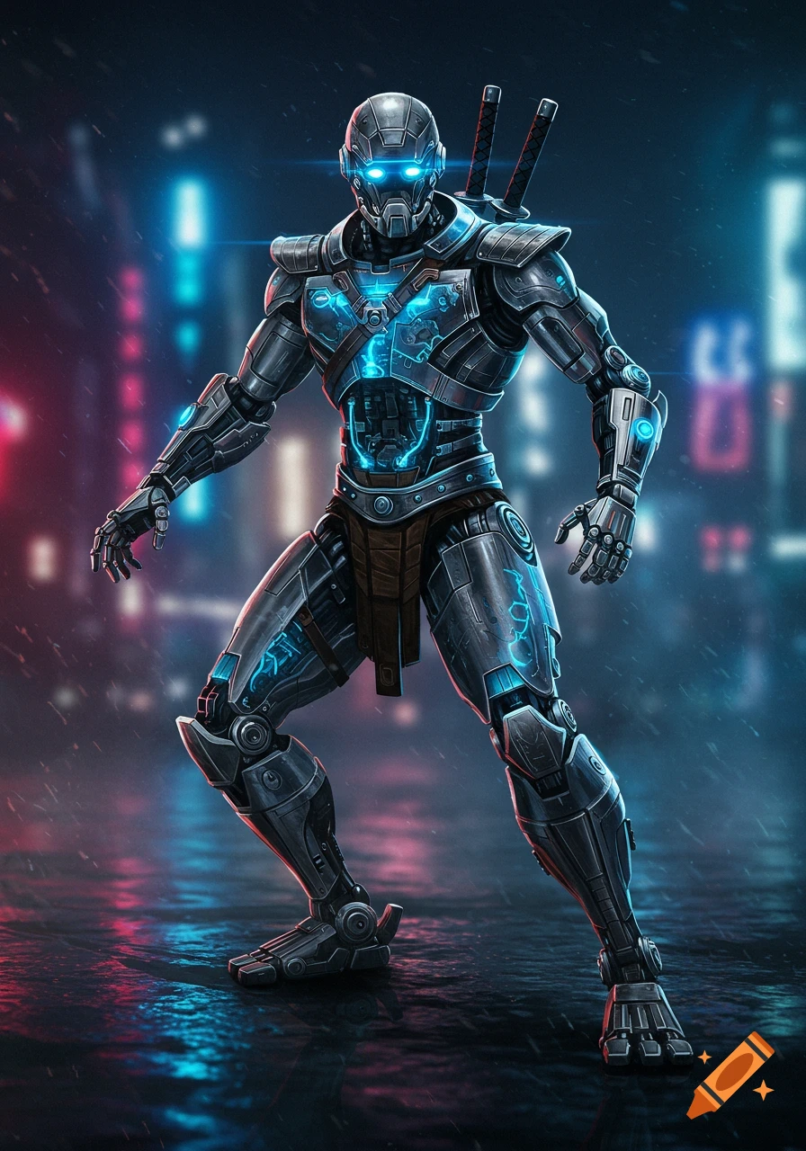A metallic robot ninja with glowing blue eyes and chest stands on a wet cyberpunk city street, illuminated by neon lights.