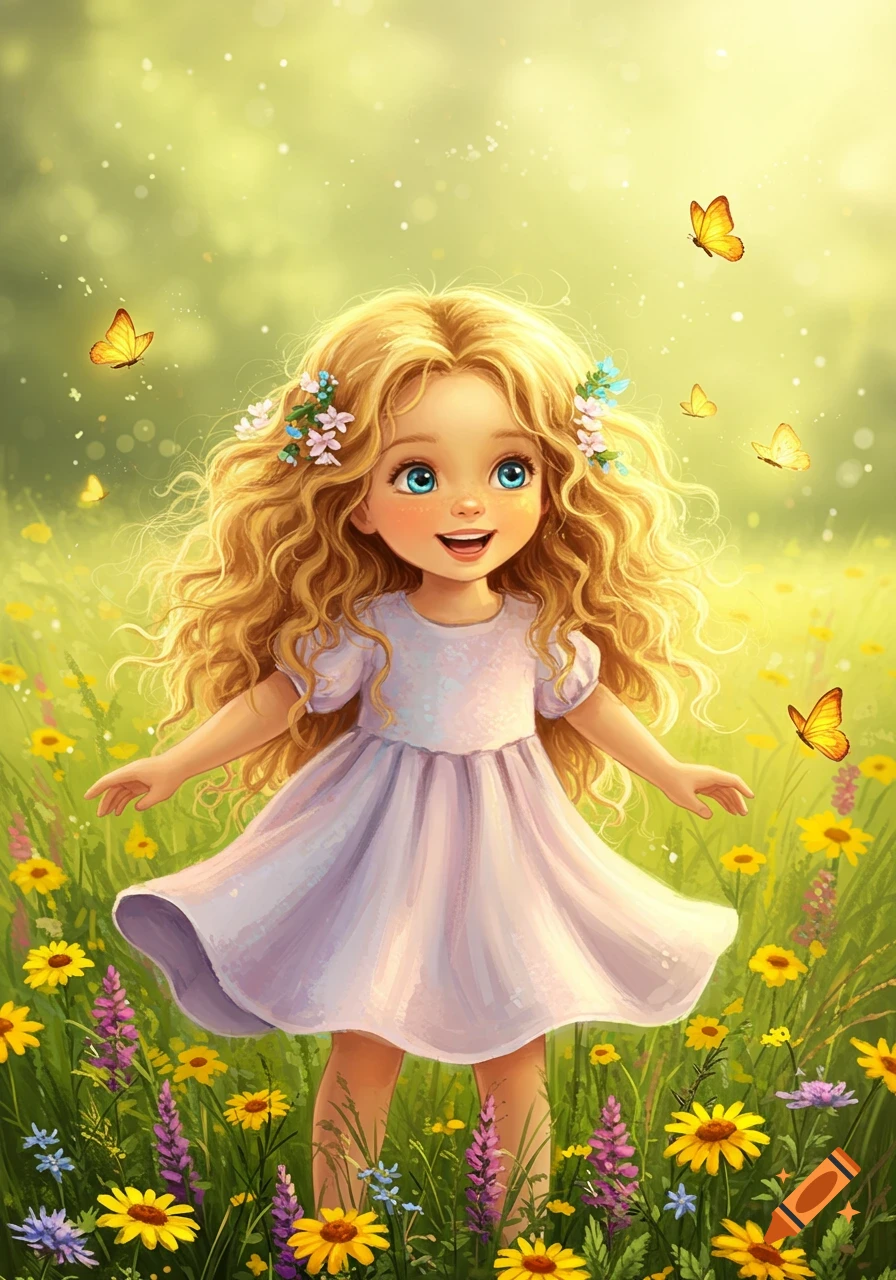 An illustration of a smiling young girl with blonde curly hair and blue eyes, wearing a light dress, standing in a vibrant field of colorful flowers with butterflies.