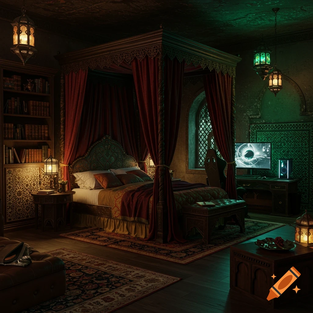 A luxurious Arabian-style bedroom featuring a canopy bed, bookcase, and a modern gaming PC setup with green lighting.