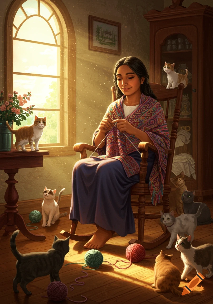A Latina woman knitting in a rocking chair, surrounded by cats playing with yarn in a sunlit room, in an illustrative style.