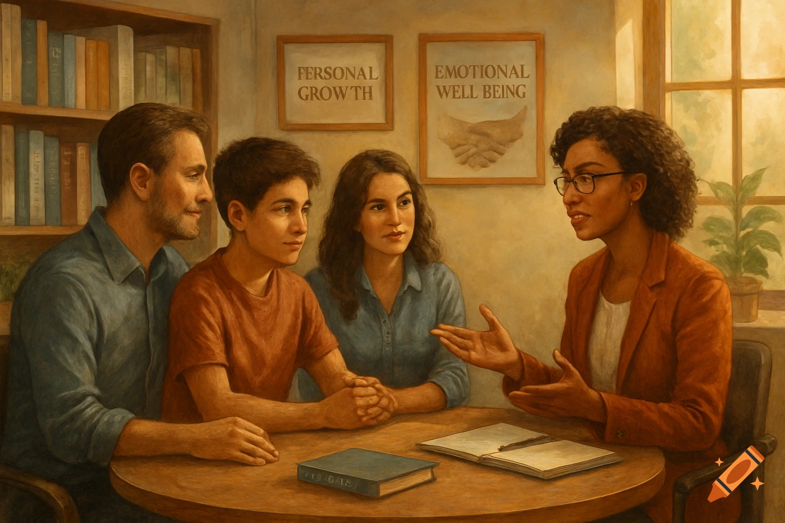 A family of three sits at a table with a female counselor, discussing in a warm, painted-style room with bookshelves and framed signs.