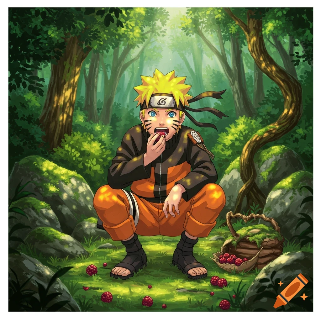 Naruto eating red berries in a vibrant, sunlit green forest, squatting beside a basket of fruit. Anime style.
