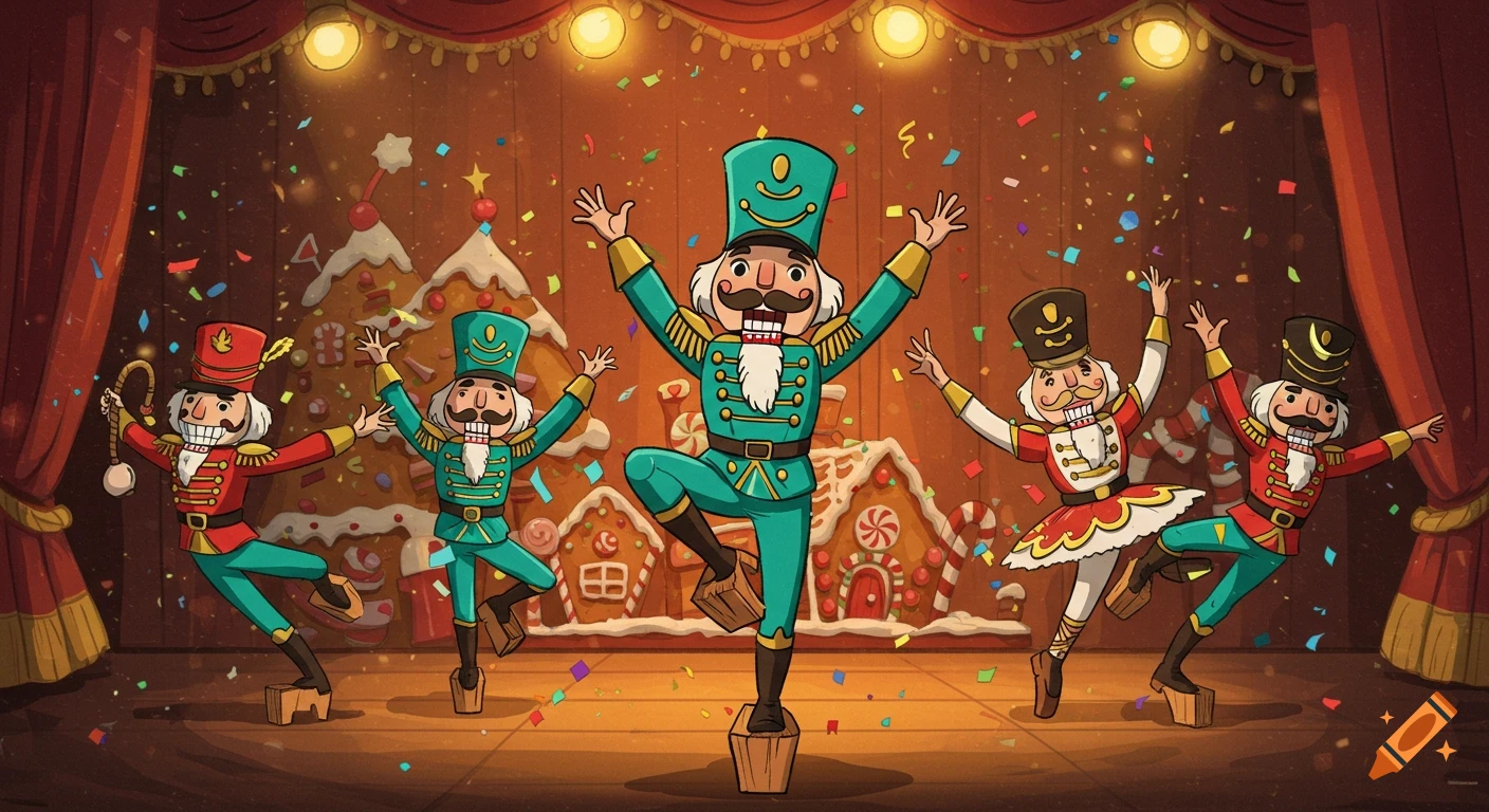 Five dancing nutcracker characters on a stage with gingerbread houses in the background and falling confetti, in a cartoon style.