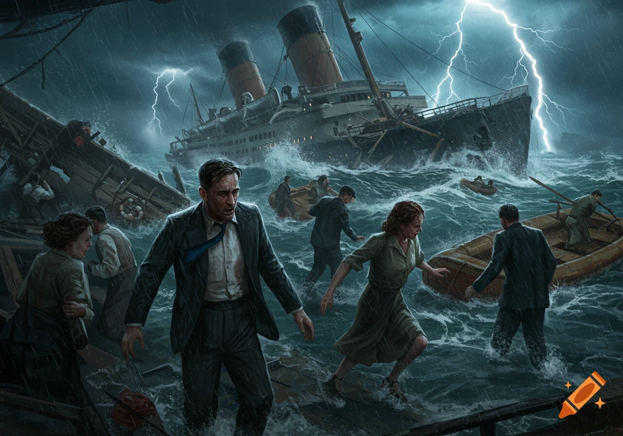 Dramatic illustration of a shipwreck with people struggling in stormy waters, lightning striking, and a large sinking ship in the background.