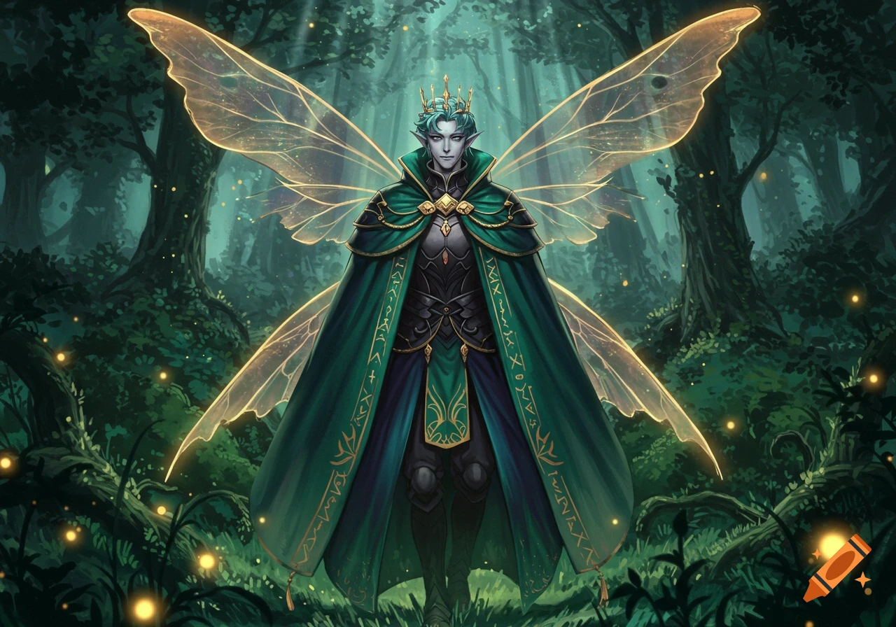 A regal male fairy with pointed ears, blue skin, a crown, and large golden wings stands in a magical forest with glowing fireflies, wearing a green and gold cape.