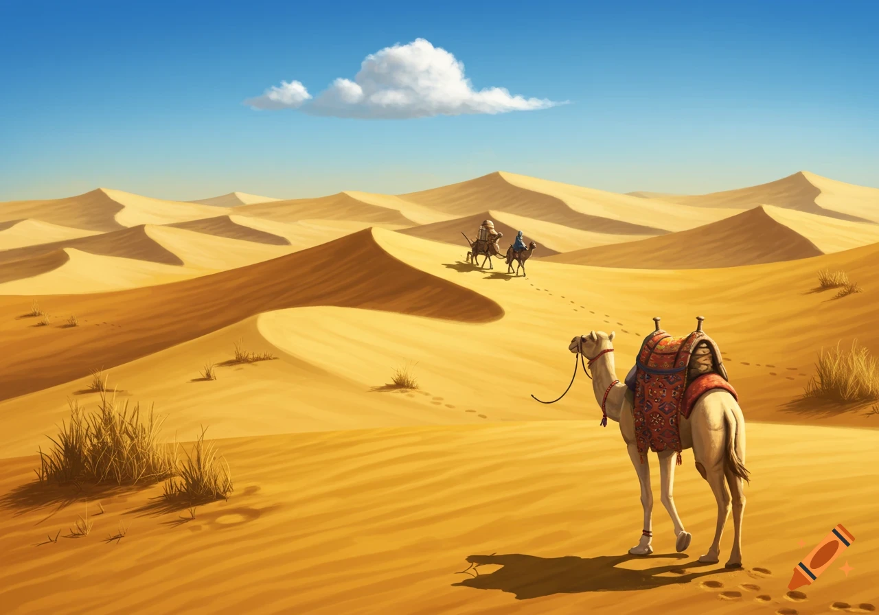 Artistic desert landscape with sand dunes, a blue sky, and a caravan of camels and riders traveling through.