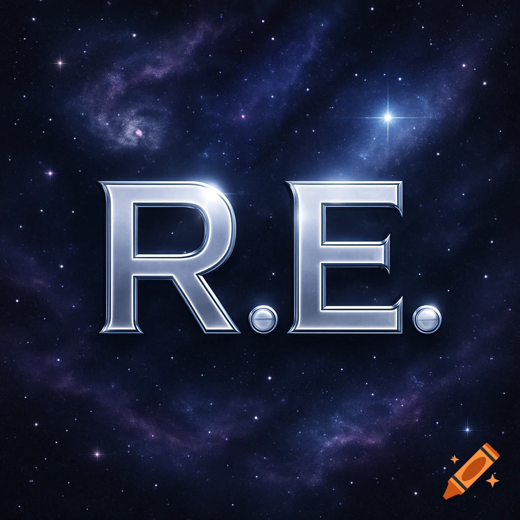 Silver metallic letters R.E. against a starry cosmic background with a bright star.