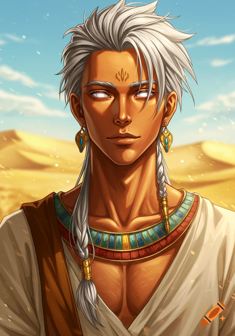 Anime portrait of a tan-skinned man with white eyes and gray braided hair, wearing Egyptian-style attire in a desert.