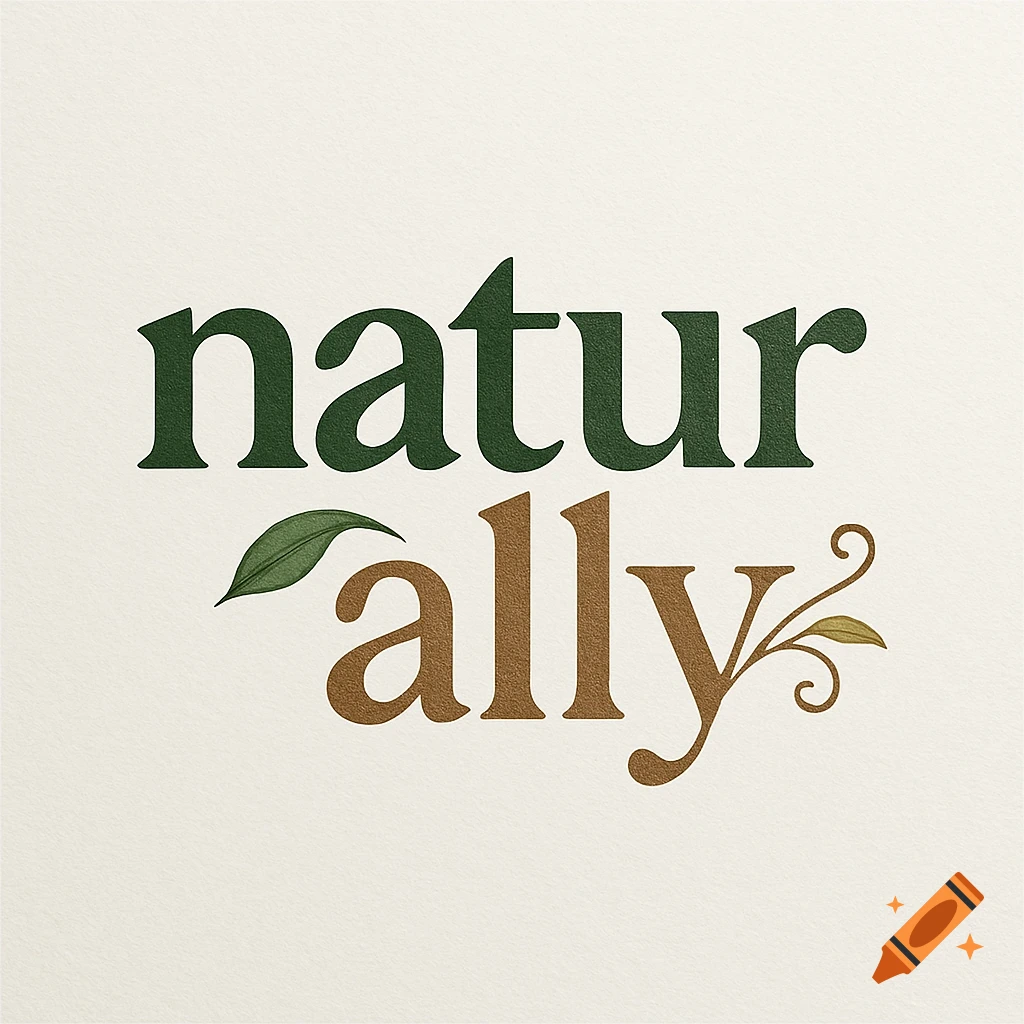 Logo with 'natur' in green and 'ally' in brown, featuring a leaf and vine decoration, on a textured off-white background.